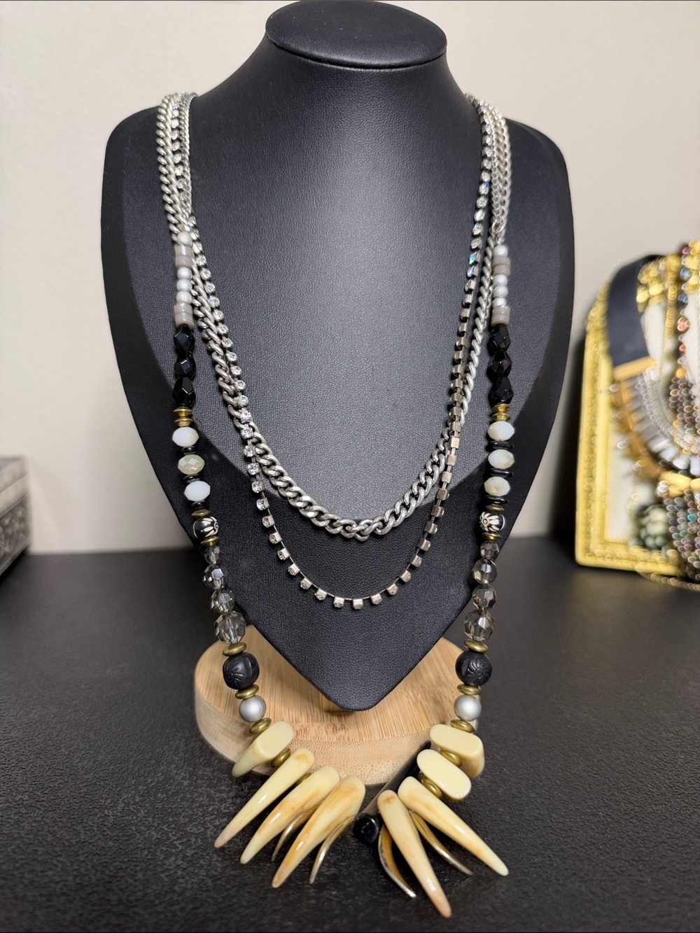 Chico’s Multi-Strand Horn Black Cream Western Boho Statement Necklace